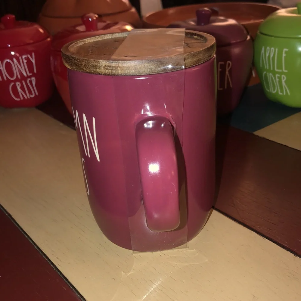 Rae Dunn AUTUMN VIBES Mug with Wood Lid/Coaster Burgundy